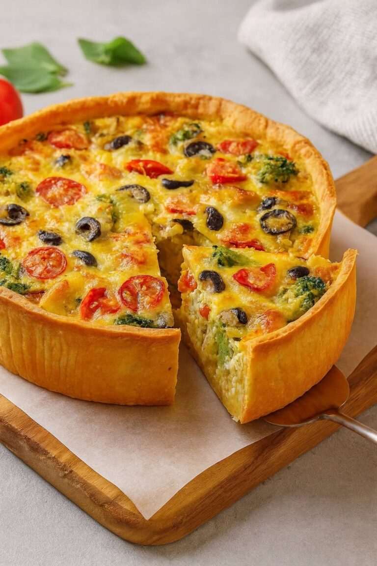 Quiche cu legume, broccoli, roșii cherry și măsline: o rețetă colorată cu aromă de casă