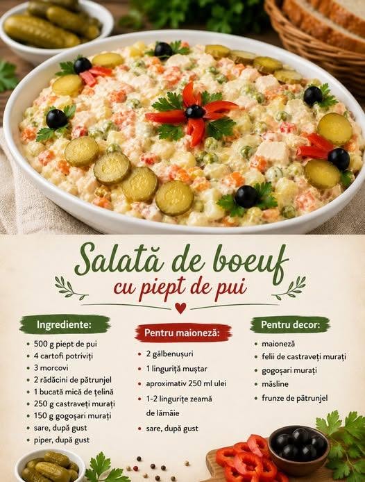 Salata de boeuf este un preparat tradițional românesc, nelipsit de la mesele festive. Această variantă cu piept de pui fraged, legume proaspete și maioneză cremoasă aduce un plus de savoare și rafinament. Fie că o servești la o aniversare sau la o masă în familie, această salată va impresiona cu siguranță pe toți invitații.