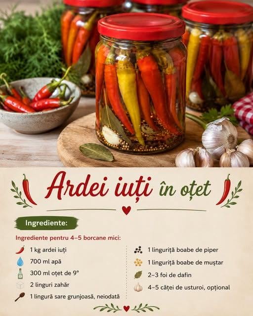 Dacă ești un iubitor al gusturilor picante, această rețetă de ardei iuți conservați în oțet este exact ceea ce ai nevoie. Prepararea este simplă, iar rezultatul este delicios, perfect pentru a adăuga un strop de savoare preparatelor tale preferate. În plus, ardeii se păstrează excelent pe parcursul iernii, devenind acompaniamentul ideal pentru ciorbe, fripturi sau fasole.