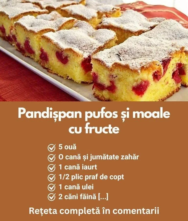 Pandișpan pufos și moale, aromat cu cireșe – Se prepară din 5 ouă, 500g cireșe, făină, iaurt și…