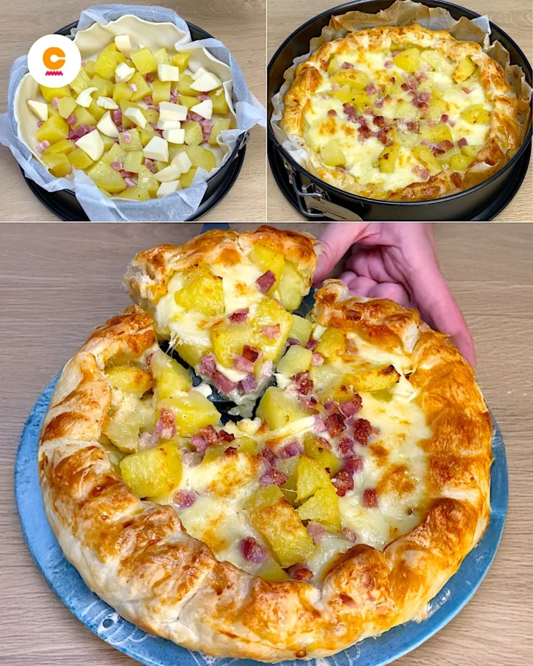 Plăcintă de patiserie cu puf savuros cu cartofi, pete și brânză