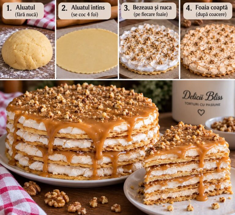 Tort „Mishka na Severe” – foi fragede, bezea, nucă și cremă caramel