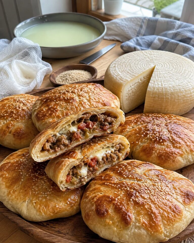 Brânză de casă din lapte de oaie și pâine rustică umplută cu carne și brânză 