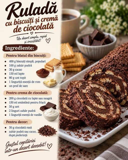 Dacă ești în căutarea unui desert rapid și savuros, ruladă cu blat din biscuiți și cremă de ciocolată este alegerea perfectă! 
