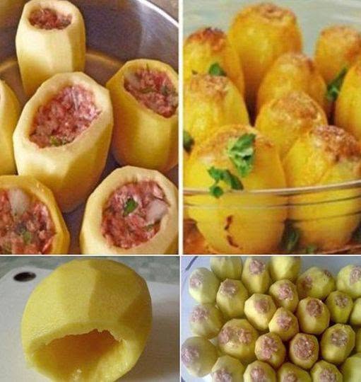 Cartofi umpluți cu carne tocată – Se prepară din câțiva cartofi, 250g carne tocată, 1 ceapă