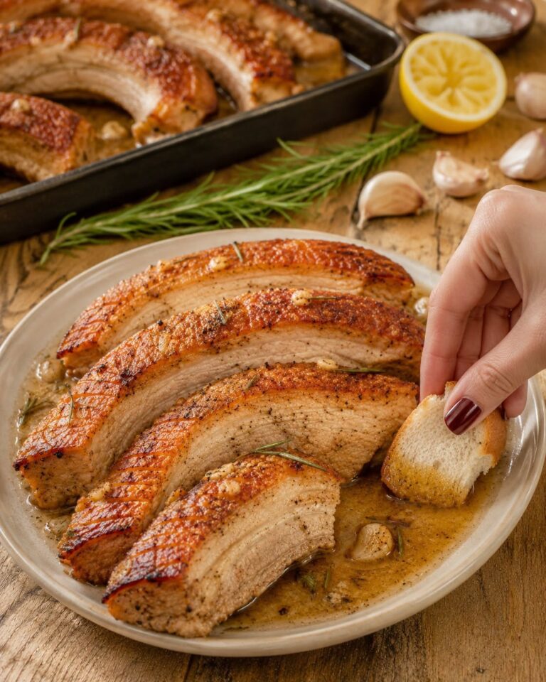 Piept de porc la cuptor cu coajă rumene și miez fraged 