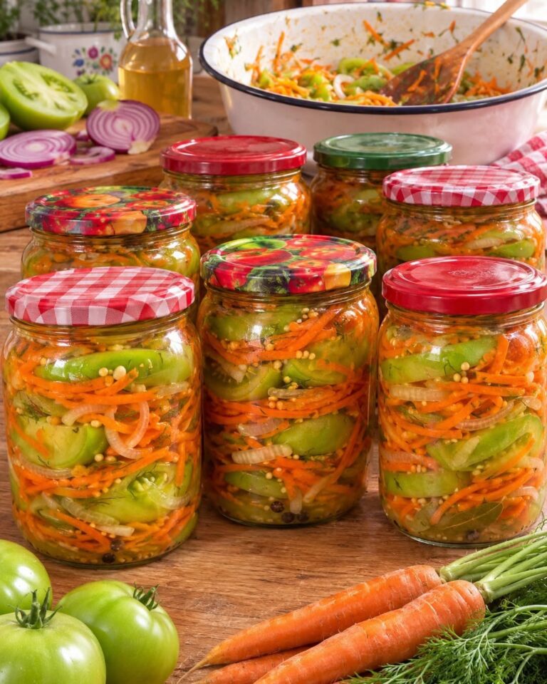Salată picantă de roșii verzi cu morcov și usturoi la borcan 