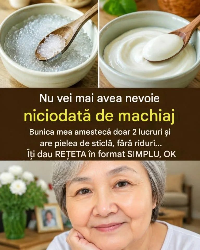 „Nu vei mai avea nevoie niciodată de machiaj. Bunica mea amestecă două lucruri și are pielea de sticlă, fără riduri… Ca să continui să primești rețetele mele, trebuie doar să spui ceva… Mulțumesc!”