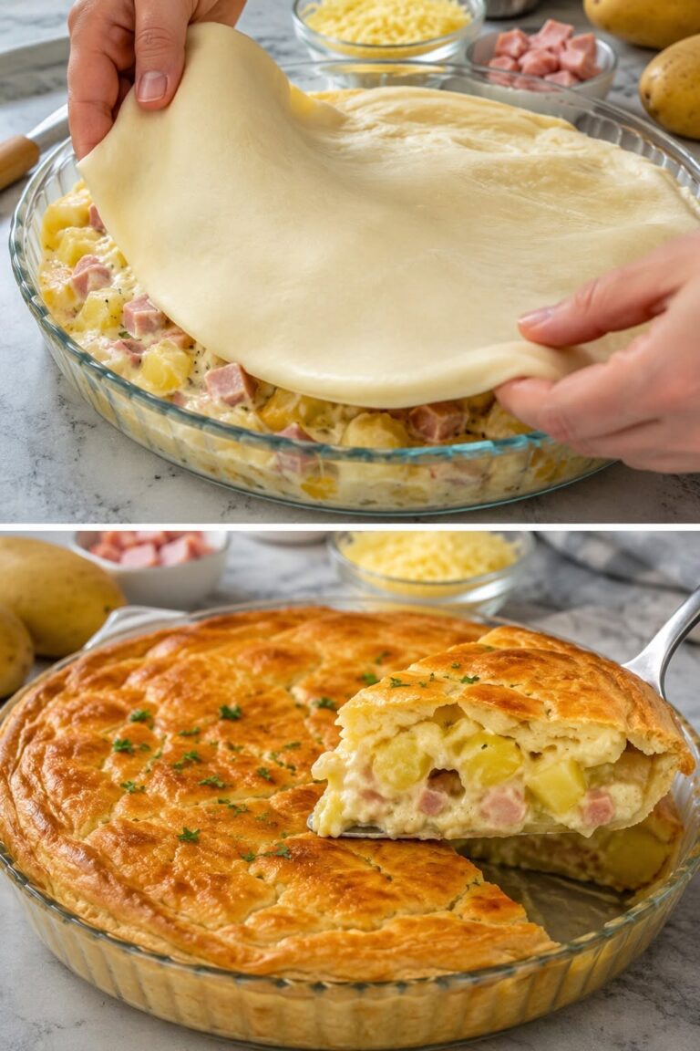 Plăcintă cu cartofi și șuncă – rețetă cremoasă cu crustă crocantă de foietaj
