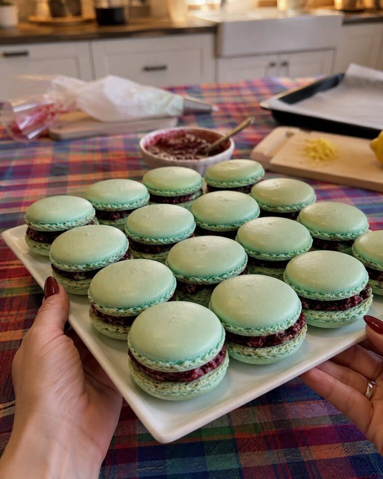 Macarons cu cremă de unt și dulceață de fructe de pădure 
