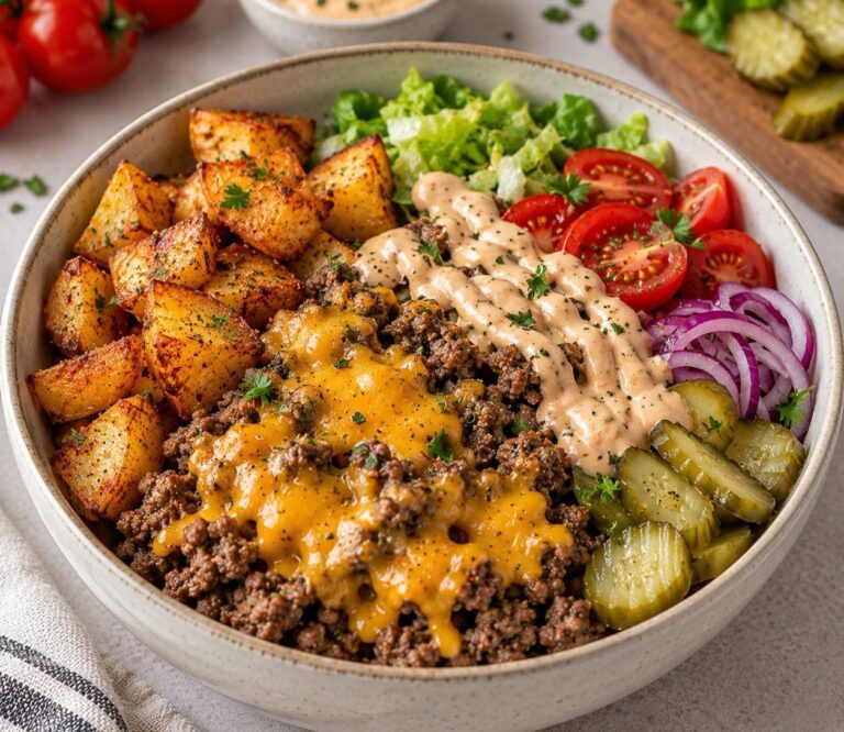 Toată plăcerea unui burger bun, dar pus într-un bol: carne suculentă, cartofi crocanți, legume proaspete și un sos cremos. O masă simplă, sățioasă și echilibrată.