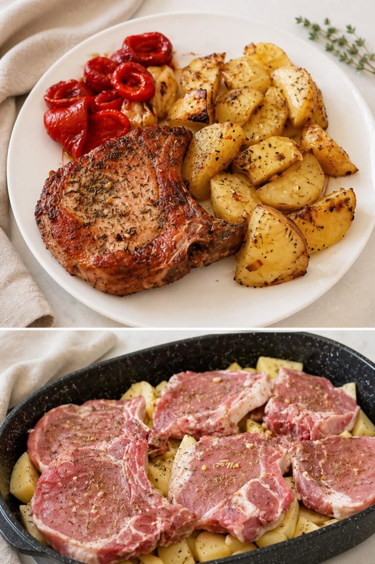 Cotlete de porc cu cartofi glazurati in sos de mustar