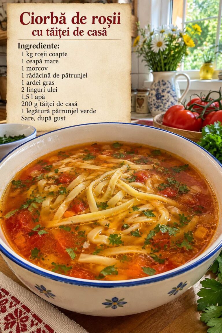 🍅 CIORBĂ DE ROȘII CU TĂIȚEI DE CASĂ: Rețeta Autentică, Gustoasă și Tradițională!