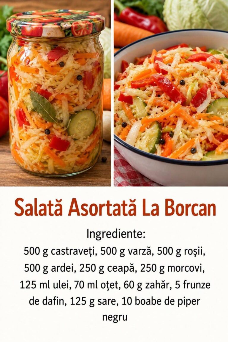 Salata asta asortată este colorată, crocantă și foarte gustoasă, iar dacă respecți proporțiile de oțet și modul de preparare, se păstrează foarte bine timp îndelungat.