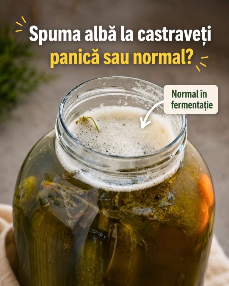 De cele mai multe ori spuma albă de pe castraveții puși la fermentat nu e motiv de panică.  În timpul fermentației, saramura începe să lucreze: se poate tulbura, apar bule, puțină spumă albicioasă la suprafață și depuneri deschise la culoare. Sunt semne că microorganismele responsabile de fermentație sunt active  E important să verificați ca toți castraveții să rămână acoperiți de saramură.  În schimb, nu ignorăm semne precum castraveți moi și lipicioși, miros neplăcut de alterat sau mucegai evident. Acolo nu mai vorbim despre o fermentație normală.  Deci: saramură tulbure + bule + puțină spumă ≠ murături stricate. Înseamnă pur și simplu că borcanul își vede liniștit de treabă.  Salvați postarea, că întrebarea asta apare în fiecare vară!