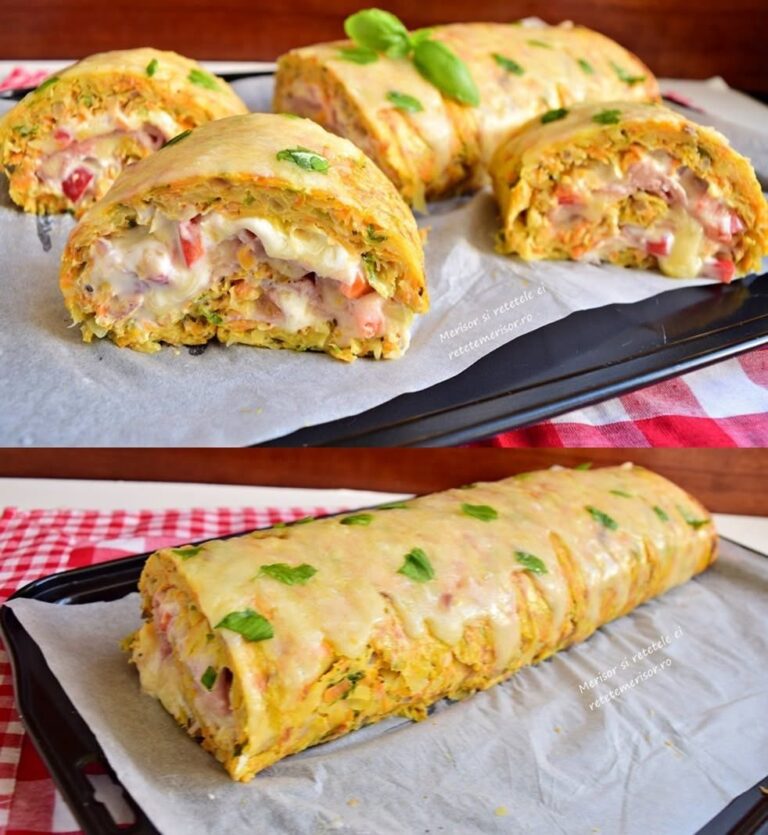 Interesantă la această delicioasă ruladă este foaia preparată din legume răzuite, verdeață și ouă, fără făină.