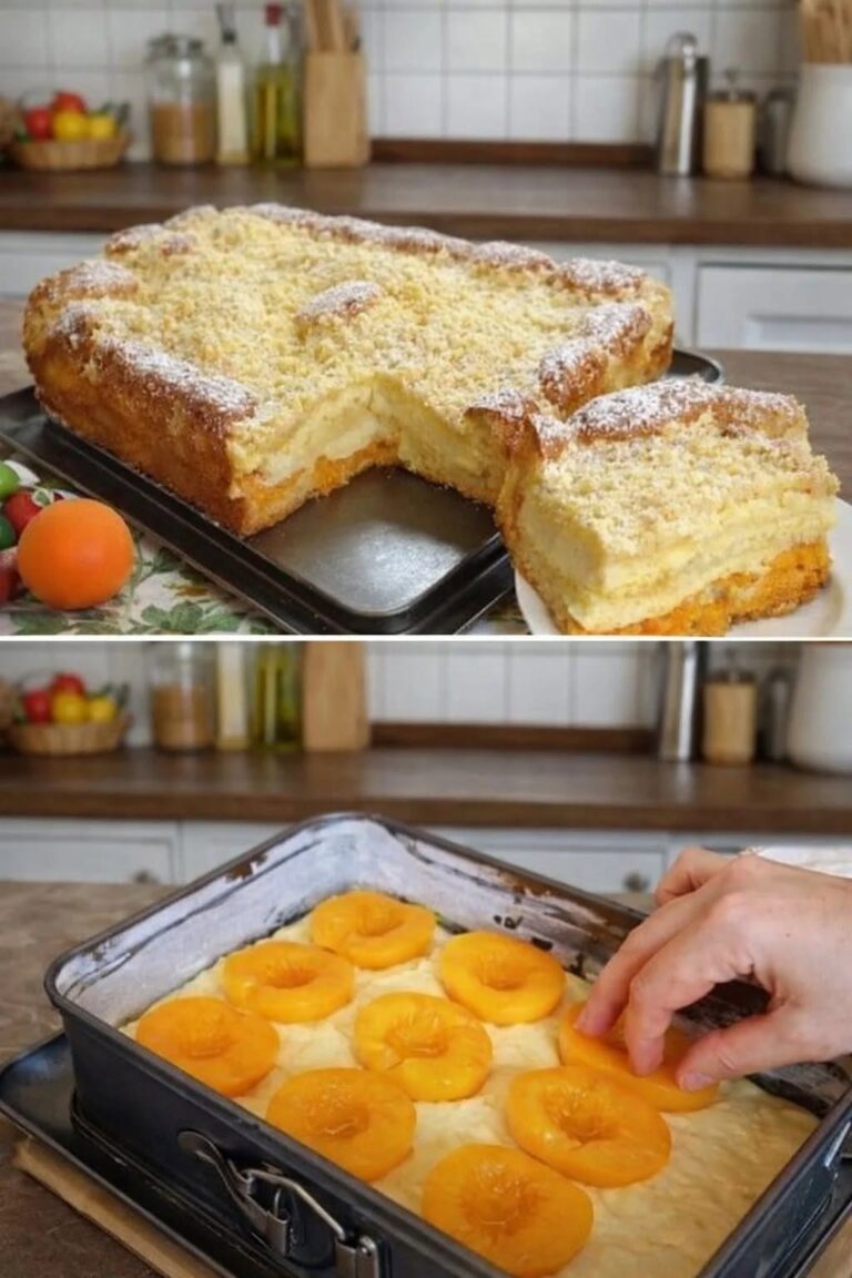 Această prăjitură cu piersici sau caise este un desert deosebit, gata într-un timp record și cu un gust care cucerește pe toată lumea! Hai să vedem cum o pregătim. ngrediente necesare: Pentru aluat: 100 g unt moale 130 g zahăr 2 ouă 220 g smântână 220 g făină 10 g praf de copt 1/3 linguriță sare 1 borcan de piersici sau caise (din compot)