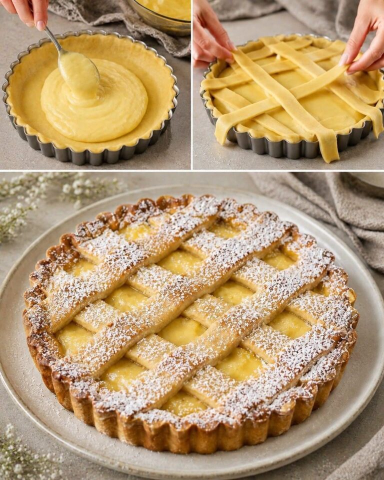 O tartă cremoasă delicată cu o rețea ajurata de aluat fraged