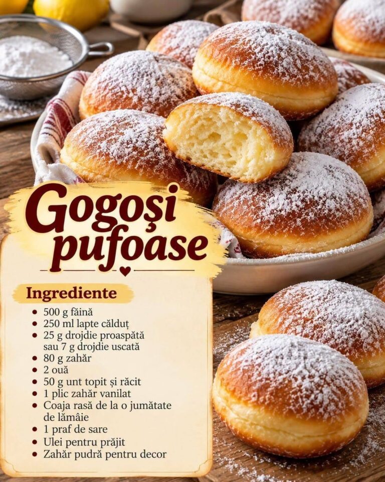 Gogoși pufoase, pudrate cu zahăr – moi, aurii și delicioase, cu gust de copilărie! Puține deserturi se compară cu mirosul gogoșilor proaspăt prăjite, pudrate cu zahăr și servite alături de cei dragi. Pufoase la interior, ușor crocante la exterior și atât de fragede încât se topesc în gură, aceste gogoși de casă sunt perfecte pentru un răsfăț dulce în orice zi.