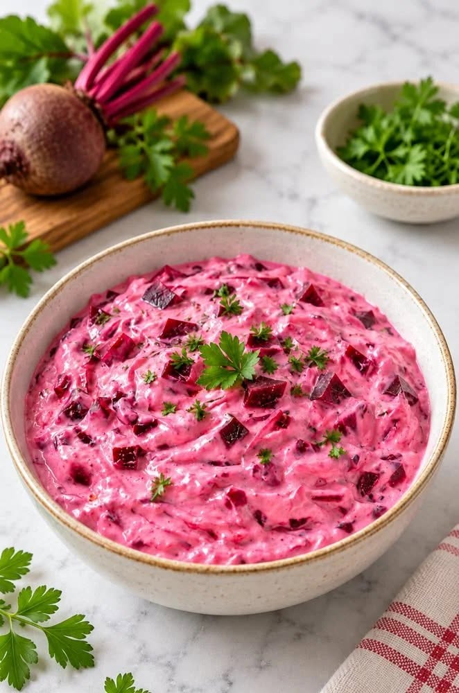 Salata de sfecla rosie cu iaurt grecesc si usturoi – reteta usoara si sanatoasa